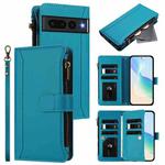For Google Pixel 7 Pro 5G Magnetic Closure 9 Card Slots Zipper Leather Case with Hand Strap(Turquoise)