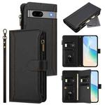 For Google Pixel 7a Magnetic Closure 9 Card Slots Zipper Leather Case with Hand Strap(Black)