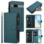 For Google Pixel 7a Magnetic Closure 9 Card Slots Zipper Leather Case with Hand Strap(Dark Green)