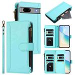 For Google Pixel 7a Magnetic Closure 9 Card Slots Zipper Leather Case with Hand Strap(Mint Green)