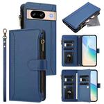 For Google Pixel 8 Magnetic Closure 9 Card Slots Zipper Leather Case with Hand Strap(Dark Blue)