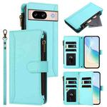 For Google Pixel 8 Magnetic Closure 9 Card Slots Zipper Leather Case with Hand Strap(Mint Green)