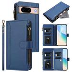 For Google Pixel 8a Magnetic Closure 9 Card Slots Zipper Leather Case with Hand Strap(Dark Blue)
