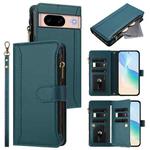 For Google Pixel 8a Magnetic Closure 9 Card Slots Zipper Leather Case with Hand Strap(Dark Green)