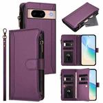 For Google Pixel 8a Magnetic Closure 9 Card Slots Zipper Leather Case with Hand Strap(Purple)