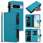 For Google Pixel 8 Pro Magnetic Closure 9 Card Slots Zipper Leather Case with Hand Strap(Turquoise)