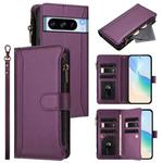 For Google Pixel 8 Pro Magnetic Closure 9 Card Slots Zipper Leather Case with Hand Strap(Purple)