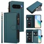 For Google Pixel 10 Pro XL 5G Magnetic Closure 9 Card Slots Zipper Leather Case with Hand Strap(Dark Green)