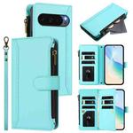 For Google Pixel 10 Pro XL 5G Magnetic Closure 9 Card Slots Zipper Leather Case with Hand Strap(Mint Green)