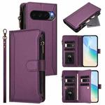 For Google Pixel 10 Pro XL 5G Magnetic Closure 9 Card Slots Zipper Leather Case with Hand Strap(Purple)