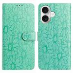For iPhone 16 Daisy Embossed Leather Phone Case(Green)