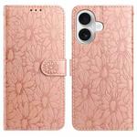 For iPhone 16 Daisy Embossed Leather Phone Case(Rose Gold)