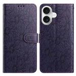 For iPhone 16 Daisy Embossed Leather Phone Case(Dark Purple)