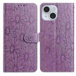 For iPhone 14 Daisy Embossed Leather Phone Case(Light Purple)