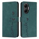 For Xiaomi Poco F7 Skin Feel Heart Embossed Leather Phone Case with Long Lanyard(Green)