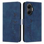 For Xiaomi Poco F7 Skin Feel Heart Embossed Leather Phone Case with Long Lanyard(Blue)