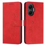 For Xiaomi Poco F7 Skin Feel Heart Embossed Leather Phone Case with Long Lanyard(Red)