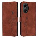 For Xiaomi Poco F7 Skin Feel Heart Embossed Leather Phone Case with Long Lanyard(Brown)