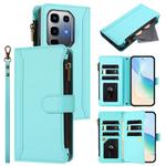 For Infinix Note 50 Pro+ 5G Magnetic Closure 9 Card Slots Zipper Leather Case with Hand Strap(Mint Green)
