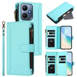 For Infinix Hot 30i Magnetic Closure 9 Card Slots Zipper Leather Case with Hand Strap(Mint Green)