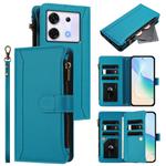 For Infinix Zero 30 5G Magnetic Closure 9 Card Slots Zipper Leather Case with Hand Strap(Turquoise)