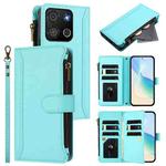 For itel A05s Magnetic Closure 9 Card Slots Zipper Leather Case with Hand Strap(Mint Green)