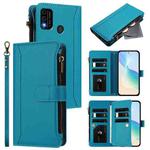 For itel A48 Magnetic Closure 9 Card Slots Zipper Leather Case with Hand Strap(Turquoise)