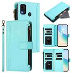 For itel A48 Magnetic Closure 9 Card Slots Zipper Leather Case with Hand Strap(Mint Green)
