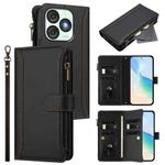 For itel A50 Magnetic Closure 9 Card Slots Zipper Leather Case with Hand Strap(Black)