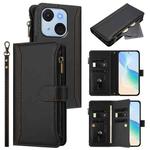 For itel A50C Magnetic Closure 9 Card Slots Zipper Leather Case with Hand Strap(Black)