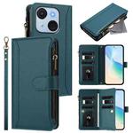 For itel A50C Magnetic Closure 9 Card Slots Zipper Leather Case with Hand Strap(Dark Green)