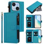 For itel A50C Magnetic Closure 9 Card Slots Zipper Leather Case with Hand Strap(Turquoise)