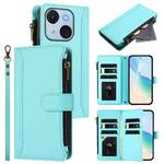 For itel A50C Magnetic Closure 9 Card Slots Zipper Leather Case with Hand Strap(Mint Green)