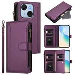 For itel A50C Magnetic Closure 9 Card Slots Zipper Leather Case with Hand Strap(Purple)