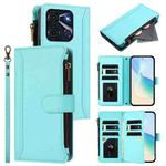 For itel A60 / A60s Magnetic Closure 9 Card Slots Zipper Leather Case with Hand Strap(Mint Green)