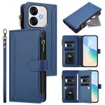 For itel A80 4G Magnetic Closure 9 Card Slots Zipper Leather Case with Hand Strap(Dark Blue)