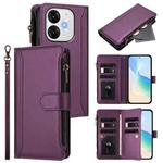 For itel A80 4G Magnetic Closure 9 Card Slots Zipper Leather Case with Hand Strap(Purple)