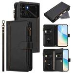 For itel P40 Magnetic Closure 9 Card Slots Zipper Leather Case with Hand Strap(Black)