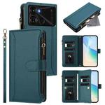 For itel P40 Magnetic Closure 9 Card Slots Zipper Leather Case with Hand Strap(Dark Green)