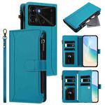 For itel P40 Magnetic Closure 9 Card Slots Zipper Leather Case with Hand Strap(Turquoise)
