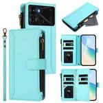 For itel P40 Magnetic Closure 9 Card Slots Zipper Leather Case with Hand Strap(Mint Green)
