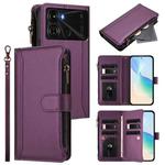 For itel P40 Magnetic Closure 9 Card Slots Zipper Leather Case with Hand Strap(Purple)