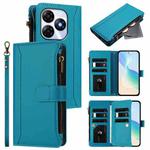 For itel P55 4G / Smart 8 Magnetic Closure 9 Card Slots Zipper Leather Case with Hand Strap(Turquoise)