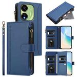 For itel P55 5G Magnetic Closure 9 Card Slots Zipper Leather Case with Hand Strap(Dark Blue)
