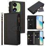 For itel P55 5G Magnetic Closure 9 Card Slots Zipper Leather Case with Hand Strap(Black)