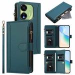 For itel P55 5G Magnetic Closure 9 Card Slots Zipper Leather Case with Hand Strap(Dark Green)