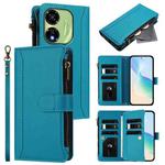 For itel P55 5G Magnetic Closure 9 Card Slots Zipper Leather Case with Hand Strap(Turquoise)