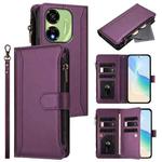 For itel P55 5G Magnetic Closure 9 Card Slots Zipper Leather Case with Hand Strap(Purple)