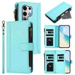 For itel S25 Ultra 4G Magnetic Closure 9 Card Slots Zipper Leather Case with Hand Strap(Mint Green)