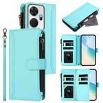 For itel P55+ Magnetic Closure 9 Card Slots Zipper Leather Case with Hand Strap(Mint Green)